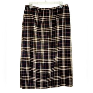 VTG Wool Blend Plaid Skirt Women SZ 16 P  Black Red Tan Midi Skirt Sag Harbor